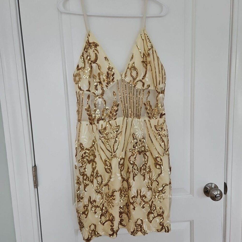 PRETTY LITTLE THING Gold Sheer Panel Strappy Sequin Bodycon Dress Size 12 new